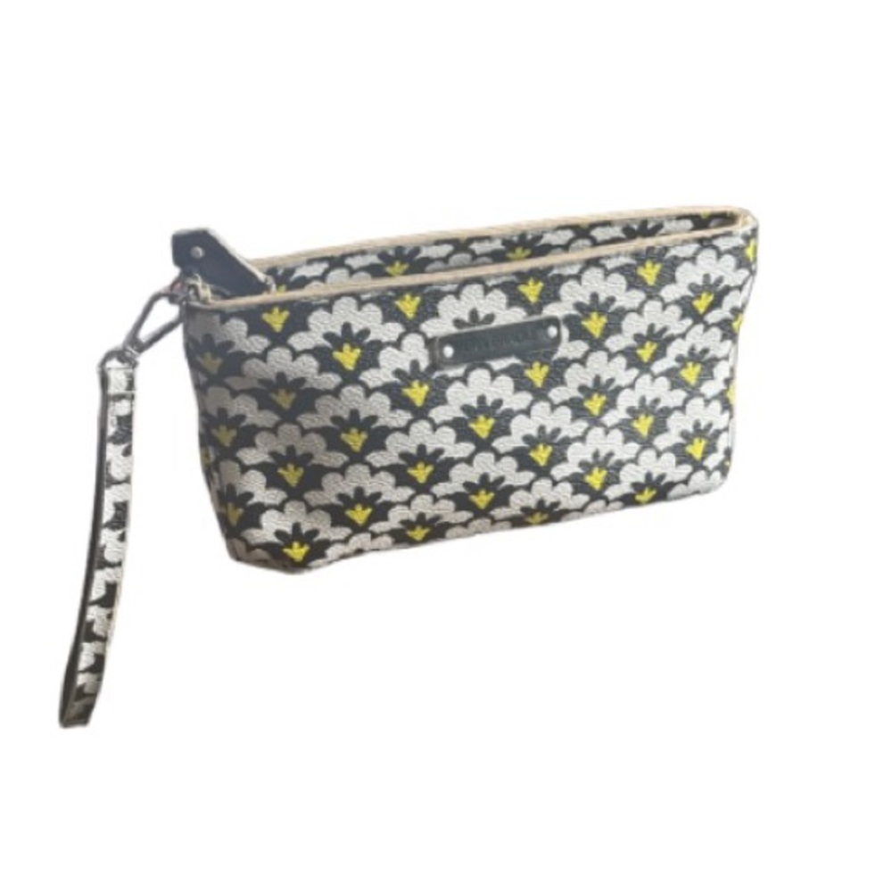 Vera Bradley fanfare Black, White & Yellow Floral  vinyl Wristlet Clutch